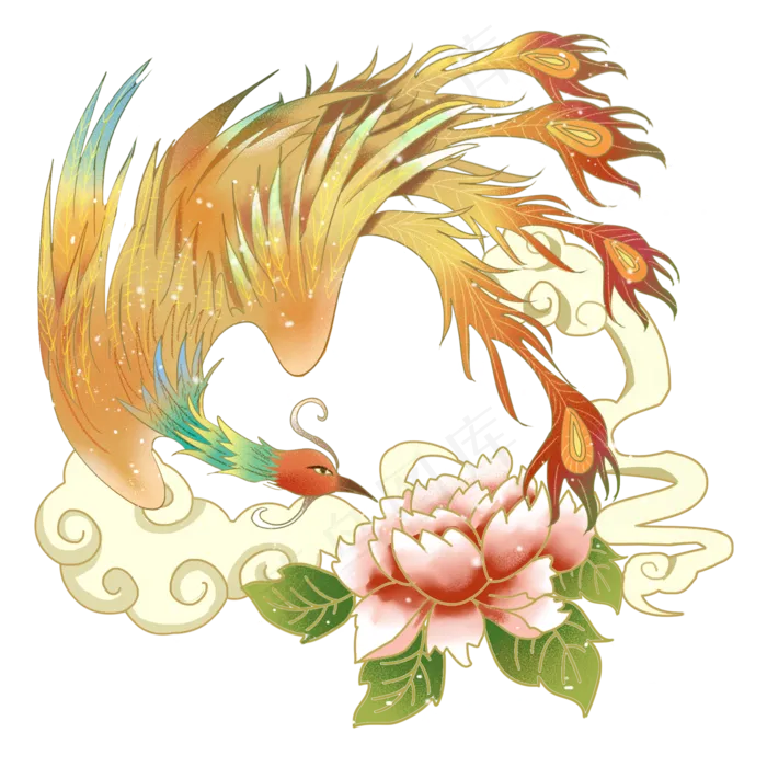 国潮风金色凤凰牡丹,免抠元素