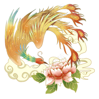 国潮风金色凤凰牡丹,免抠元素