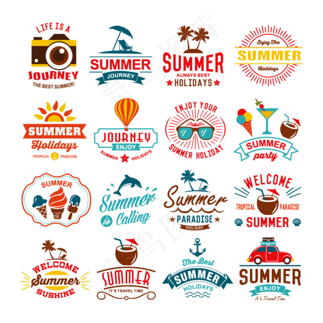 16款彩色夏日度假标签矢量图