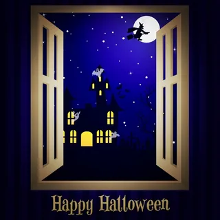 看着窗外的鬼屋万圣节卡片矢量格式