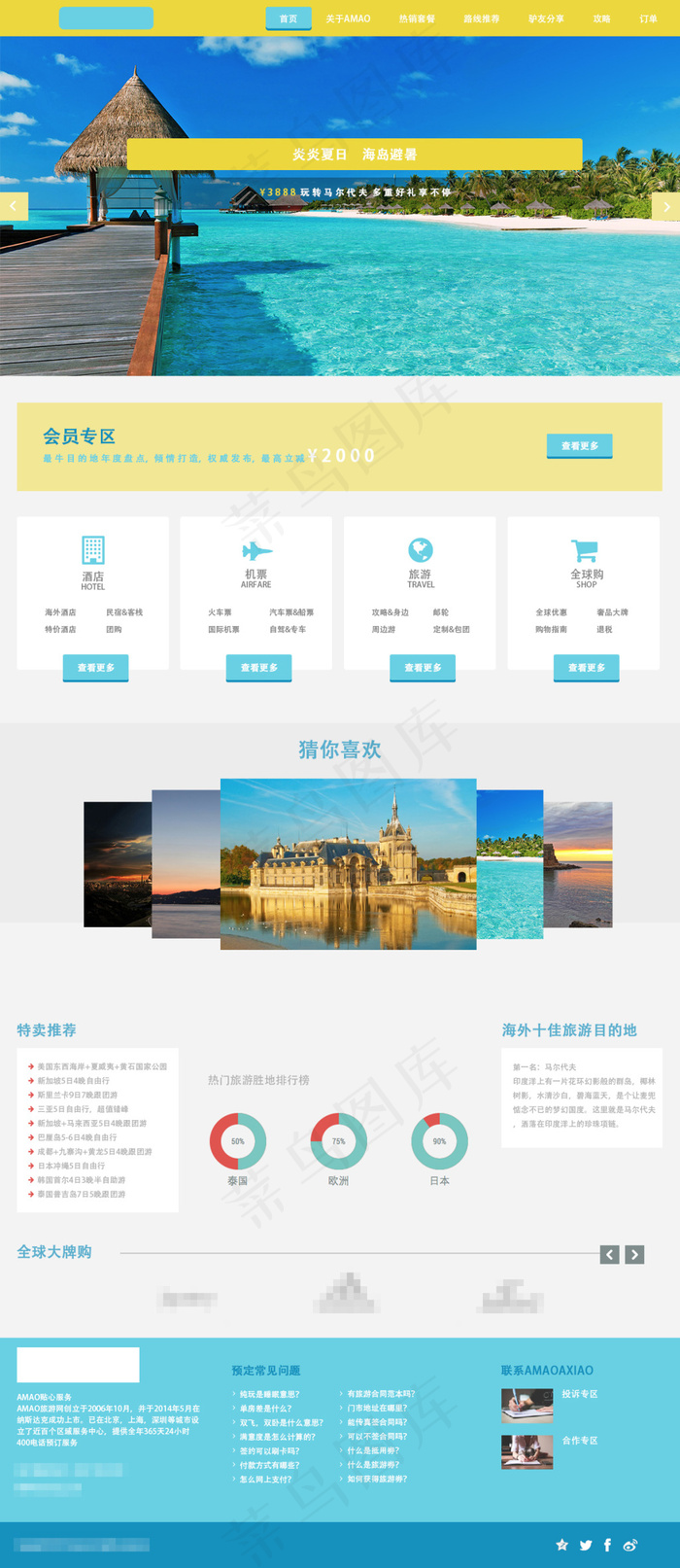 蓝色精美的欧美旅游网页设计psd模版下载