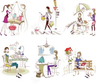 韩国线条卡通可爱时尚女性插画素材