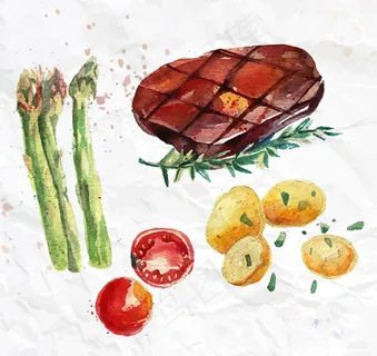 美味煎牛排水彩画矢量素材下载