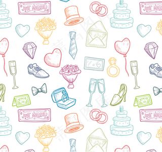 无缝背景 婚礼 情书 礼帽 矢量图...