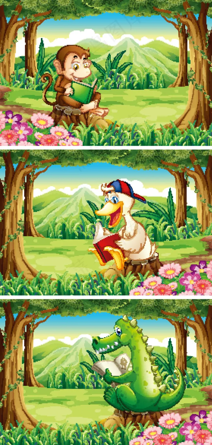 看书的卡通动物漫画eps,ai矢量模版下载