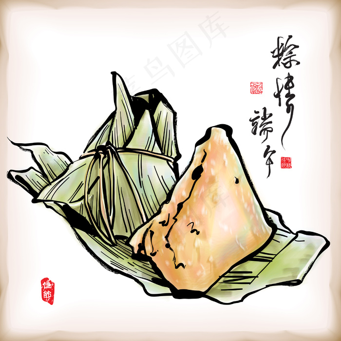 矢量水墨画传统的端午节粽子 饺子翻译的中文文本：爱端午节粽子