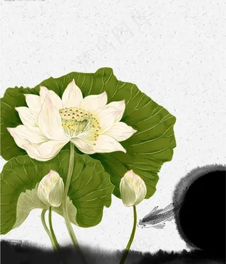 荷叶荷花水墨鱼psd设计素材原图图...