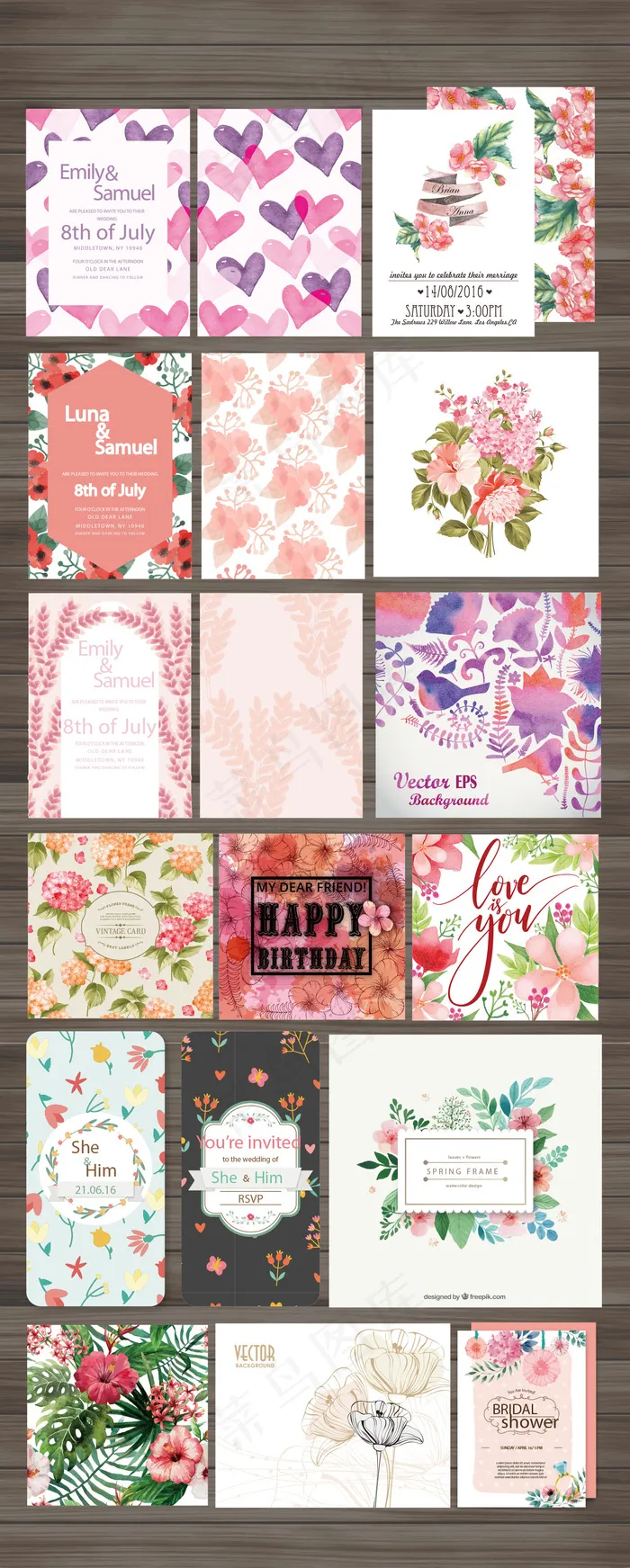 手绘浪漫花卉邀请函请柬海报设计元素ai矢量模版下载