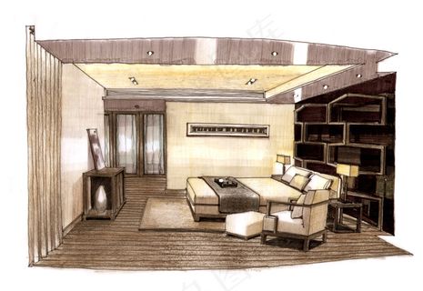 主人房透视图手绘图片素材