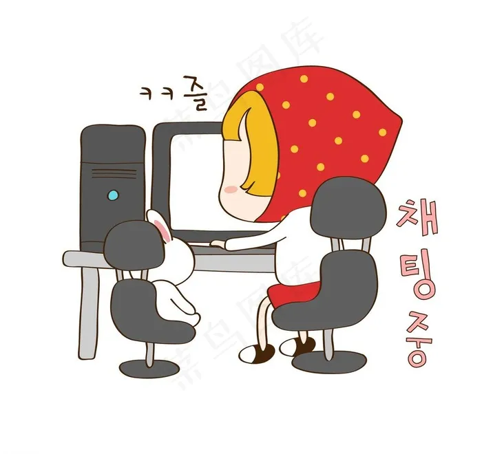 女孩和兔子一起玩电脑图片eps,ai矢量模版下载