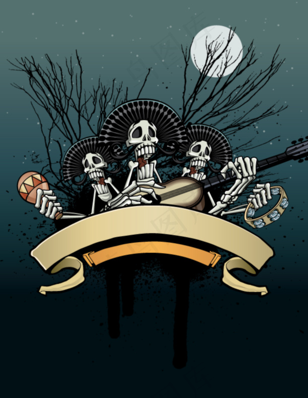骷髅骨头弹吉它矢量素材