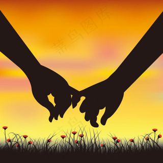 夕阳下的情侣牵手剪影矢量素材