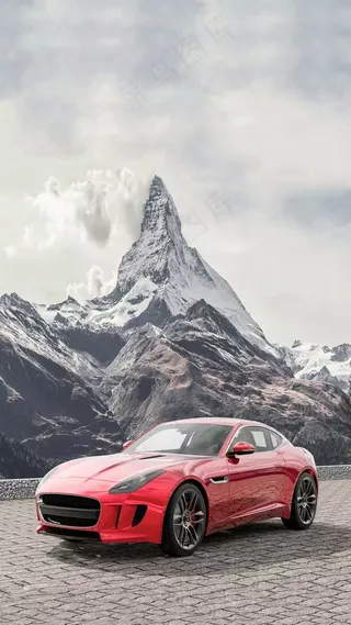 雪山下的红色跑车高清摄影图片