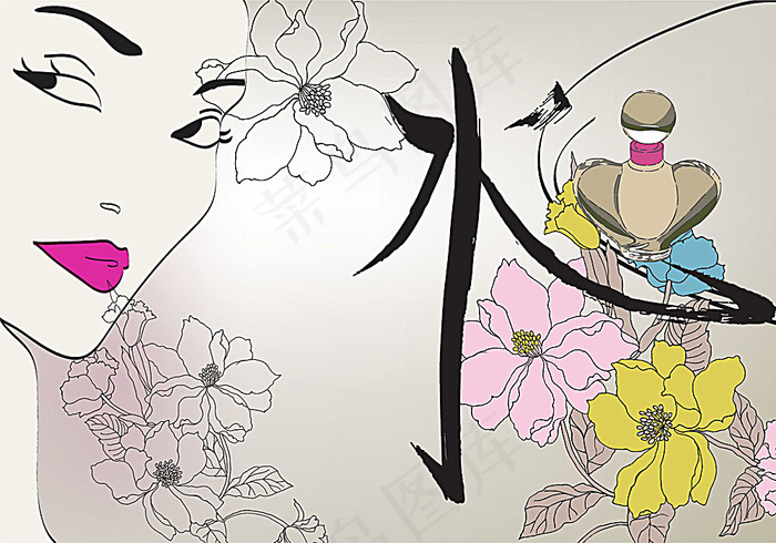 插画女人与时尚花纹ai矢量模版下载
