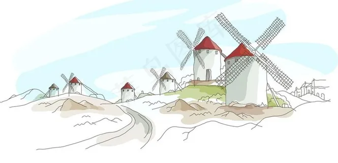 手绘节能低碳风车发电的村庄图片