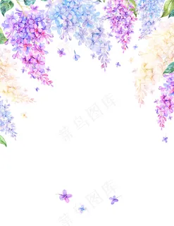 唯美森系手绘水彩风淡紫色花朵花卉叶...