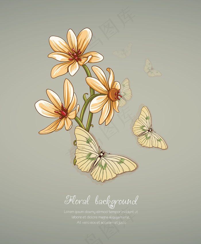 随着春天的花朵和蝴蝶花卉背景矢量插画