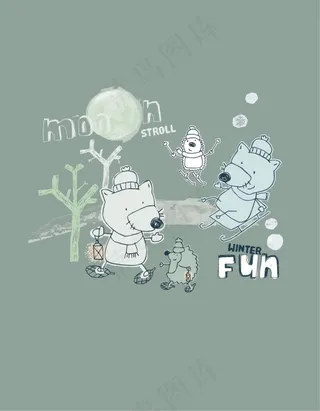 卡通动物印花素材 小熊和刺猬