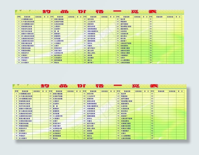 药品价格表图片(9449X3543(DPI:100))psd模版下载