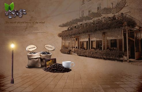 咖啡豆麻袋与手绘建筑免费