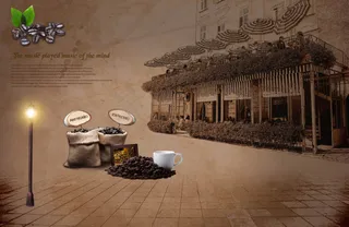 咖啡豆麻袋与手绘建筑免费