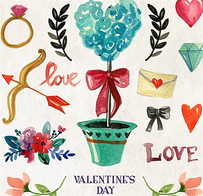 水彩情人节元素矢量图图片ai矢量模版下载
