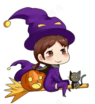 万圣节骑扫帚的女巫卡通,免抠元素