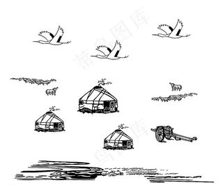 蒙古包 大雁 河流 勒勒车图片