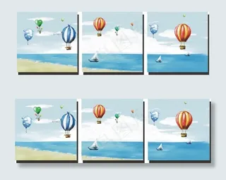 时尚家装海边气球无框画三联画高清矢...