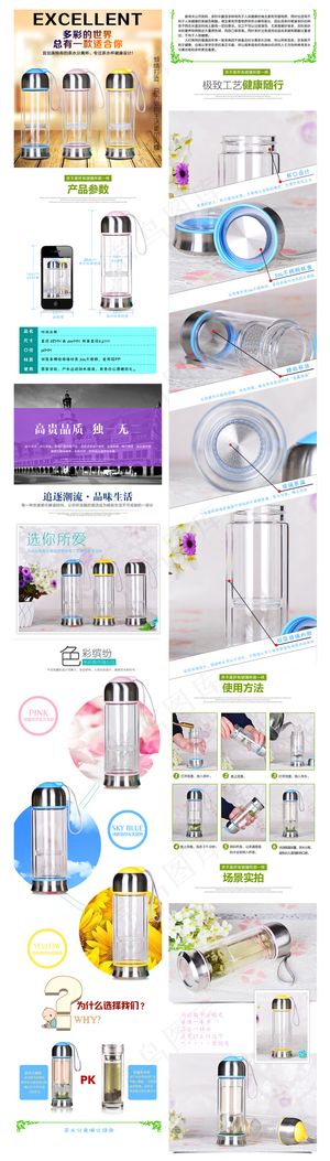 高端保温玻璃杯水杯详情页模板杯子描...