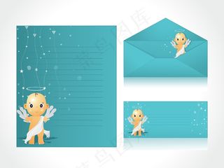 卡通小孩在绿色圣诞信头、信封