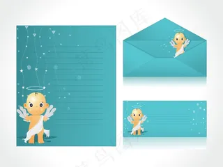 卡通小孩在绿色圣诞信头、信封
