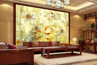 彩雕荷花荷塘古典电视背景墙