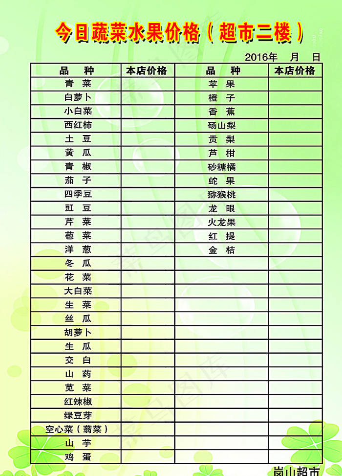 超市价格表展板背景图片