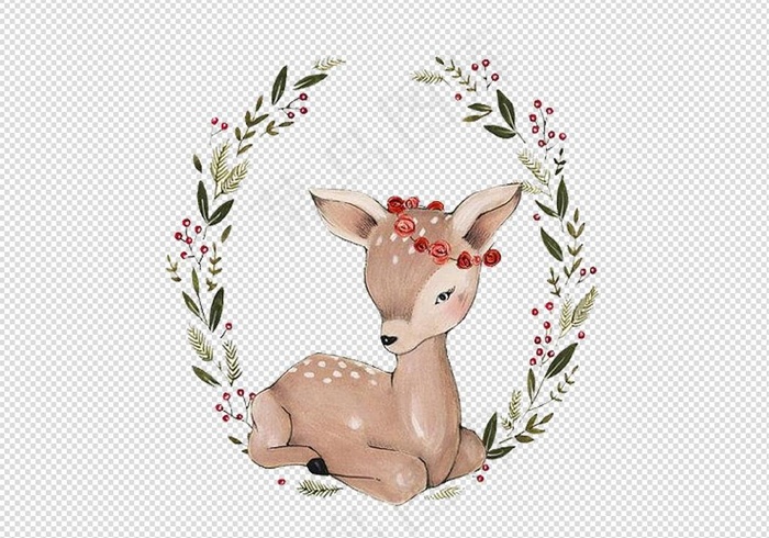 实物卡通手绘插画麋鹿梅花鹿鹿角PN...