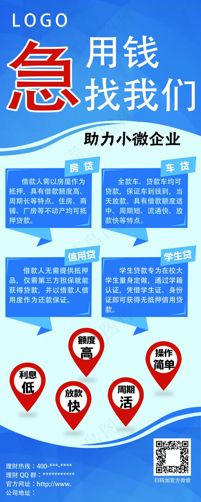 简约蓝色金融公司企业易拉宝贷款展架...(3150X7873(DPI:100))psd模版下载