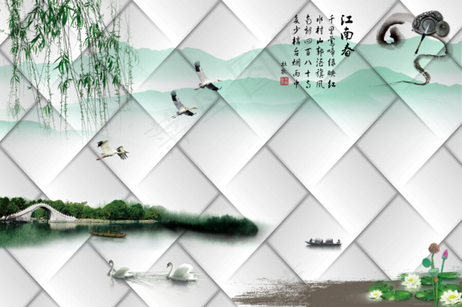 江南春中国风软包背景墙素材