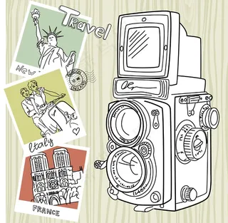 与您的旅行的老式相机快照不同国家和...