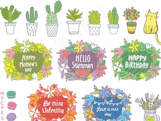 彩绘盆栽和节日标签矢量图