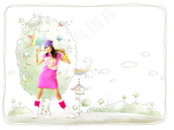 树木星形插画与美少女PSD分层素材psd模版下载