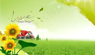 春天景色与别墅山庄PSD素材