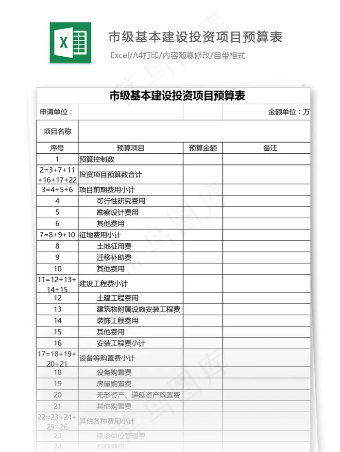 市级基本建设投资项目预算表格