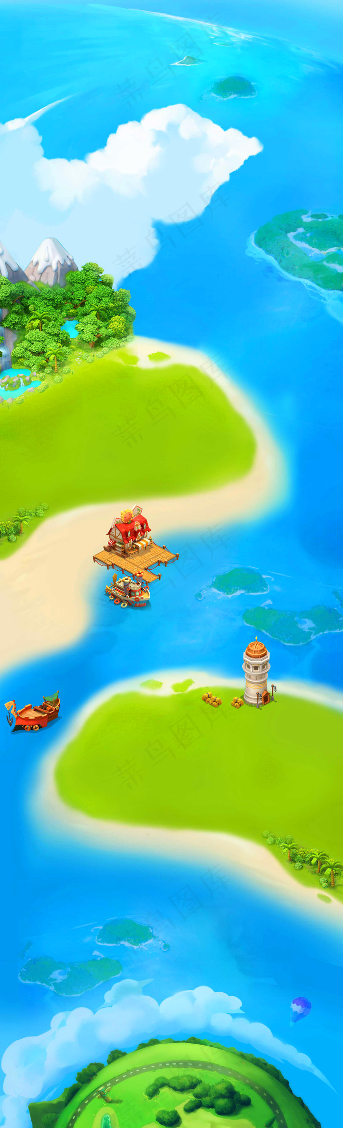 大海小岛绿色卡通Q版插画可爱长背景...