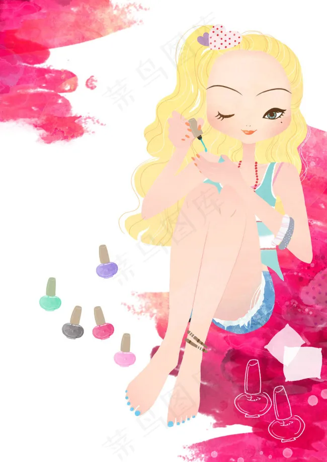 涂指甲女孩插画PSD素材psd模版下载