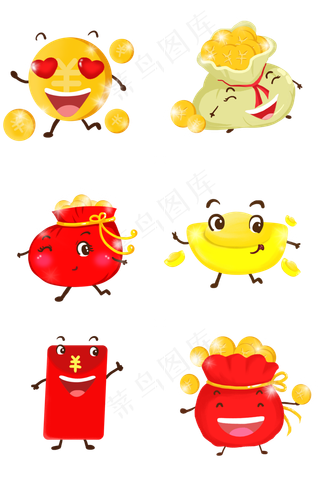 卡通拟人金币福袋金元宝红包卡通拟人金币福袋金元宝红包