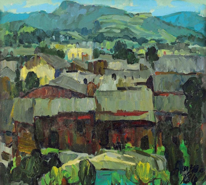 小山村瓦房风景油画