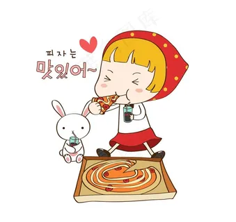 女孩和兔子一起吃披萨图片