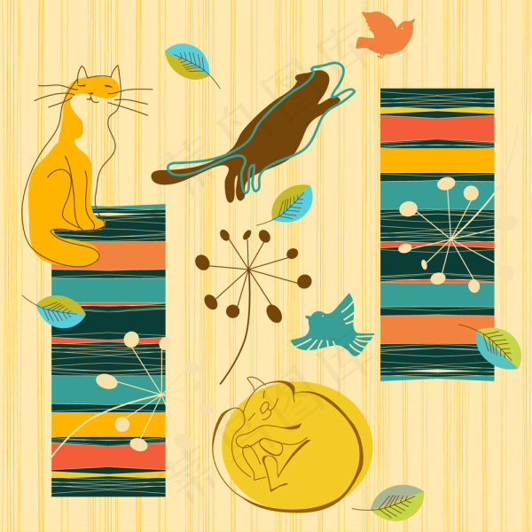 可爱线稿猫咪图案04——矢量素材