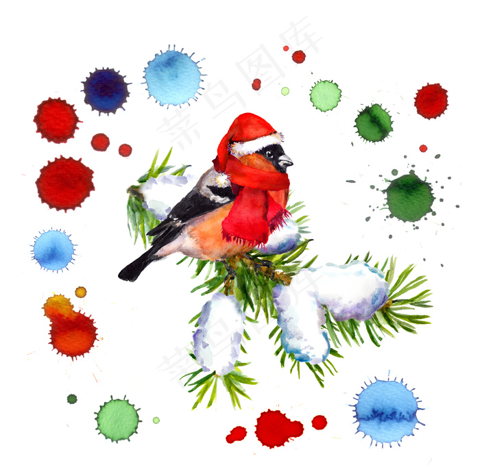 圣诞帽水彩小鸟图片