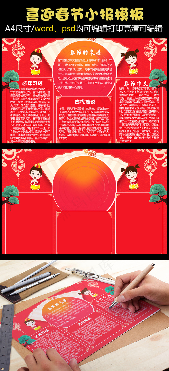 2018喜迎春节手抄报电子小报(4961X3508(DPI:300))psd模版下载